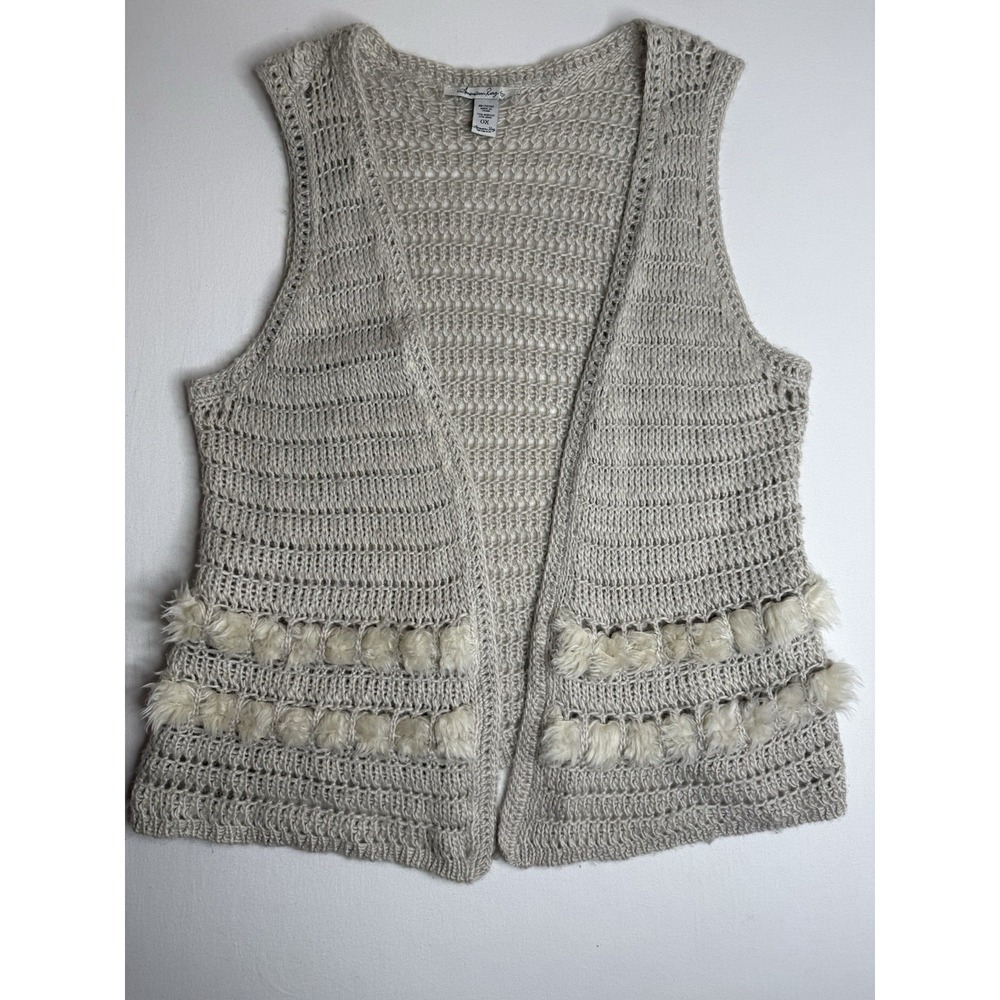 American Rag Cie 1984 Open Crochet Knit Beige Cardigan Sweater Faux Fur Size 0X